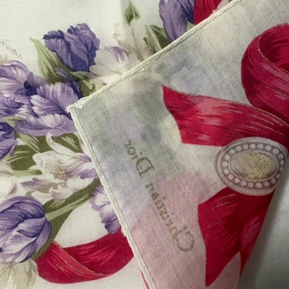 Vtg CHRISTIAN DIOR Scarf Handkerchief Floral Tulip White Purple Red Gold 19